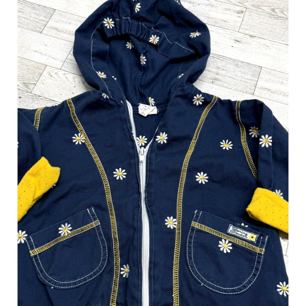 Girls Vintage Jacket Blue Cotton Daisy Embroidered Flowers Spring Garden 24 Mos